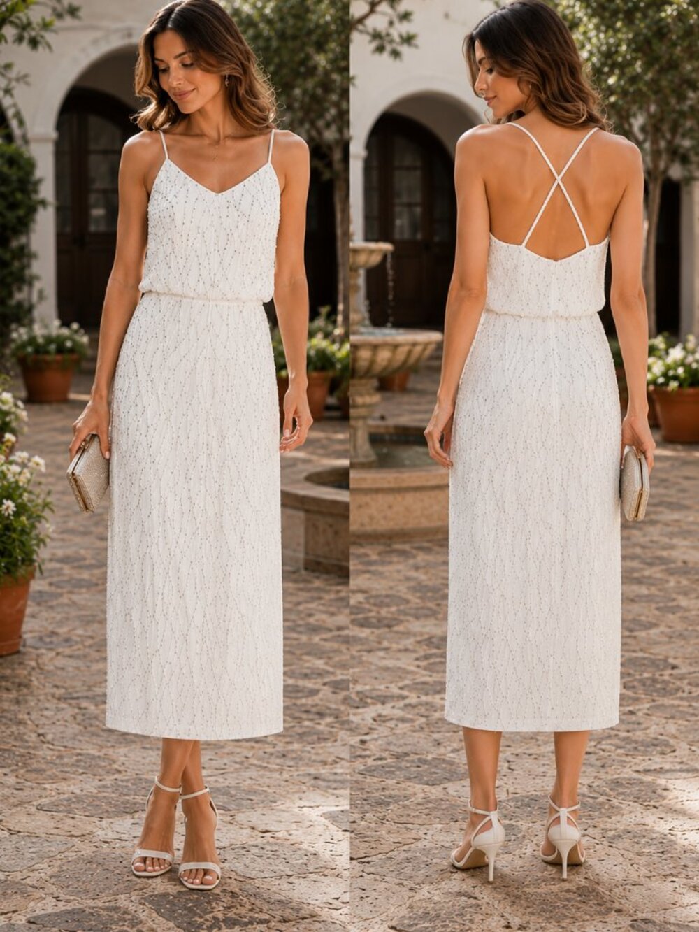Adrianna Papell Dress SZ6 White Beaded Spaghetti Strap Cocktail Party Events